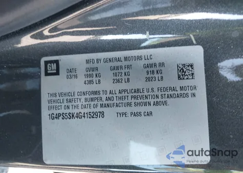 2016 Buick Verano Leather Group из США, поврежденный, VIN 1G4PS5SK4G4152978